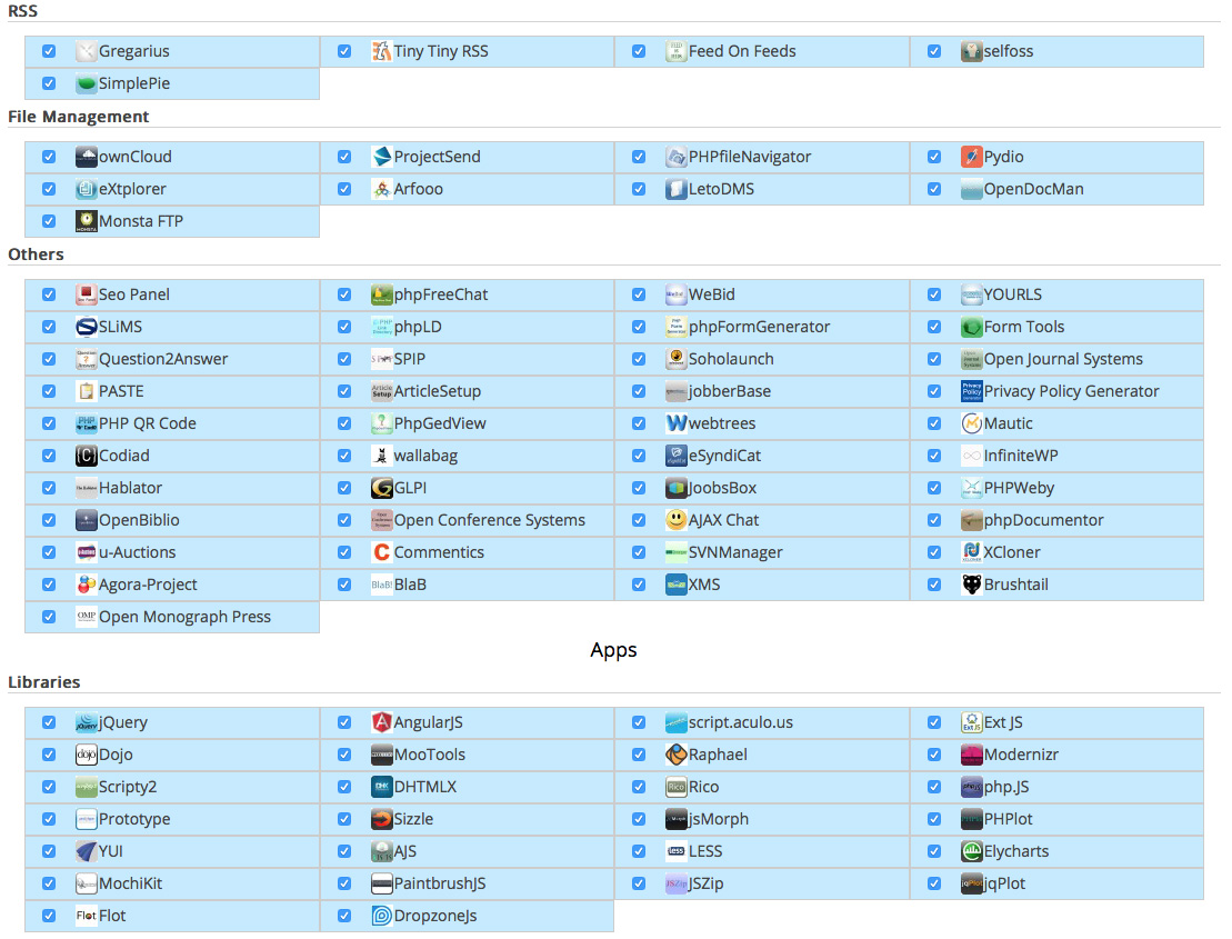 RSS, File Management, Apps Library, others