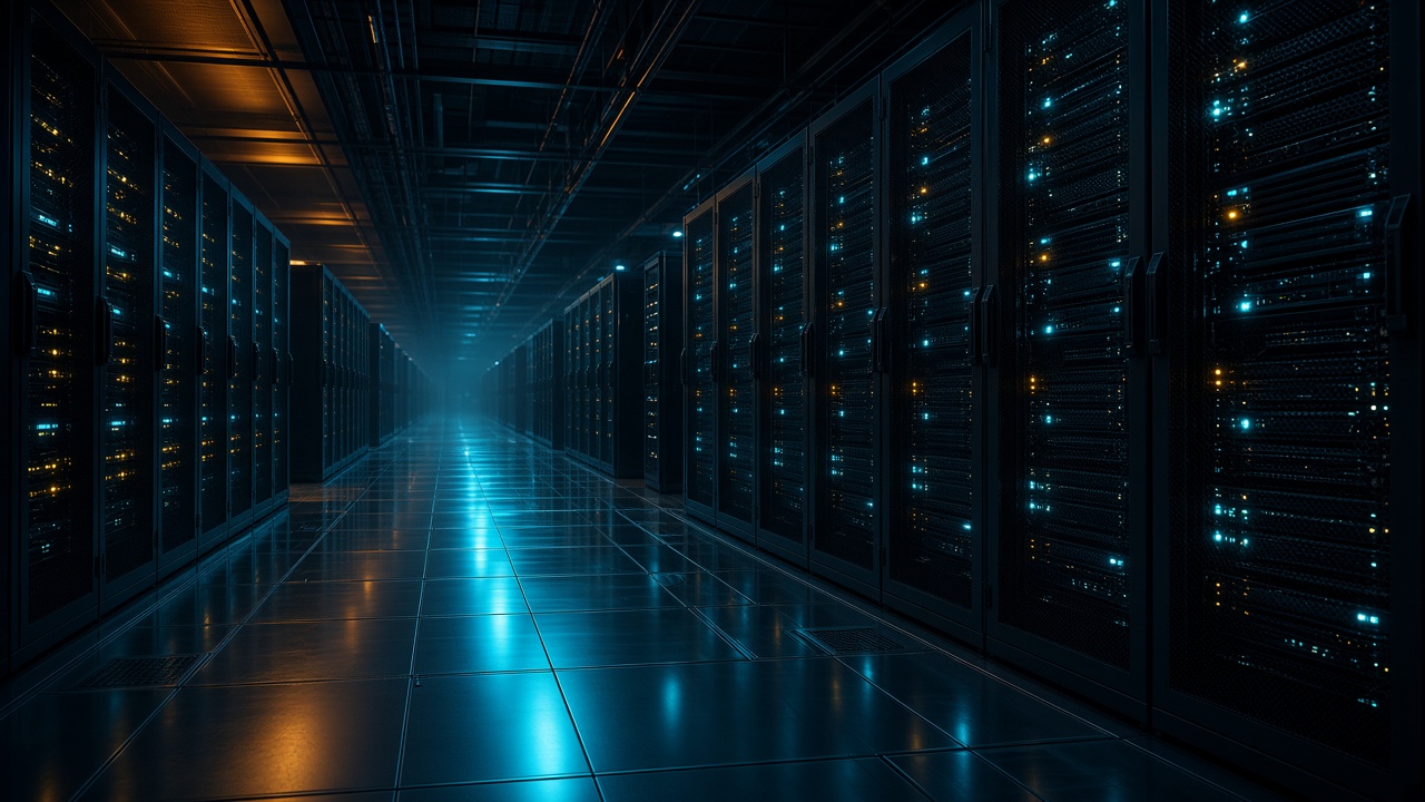 Illuminated server room aisle